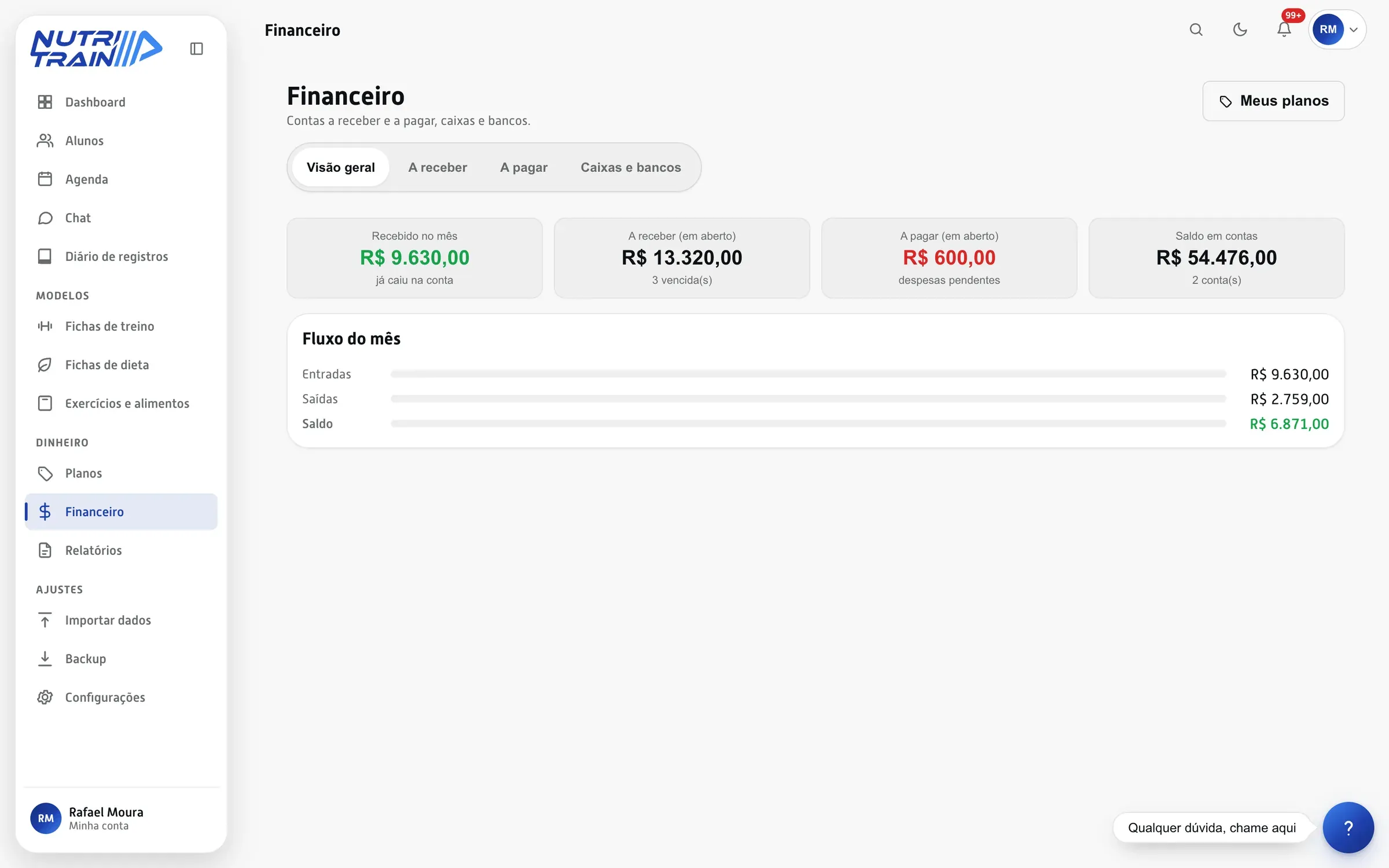 O caixa da consultoria. Recebido no mês, a receber, a pagar e o saldo em contas. Contas a receber e a pagar, caixas e bancos, sem planilha paralela.