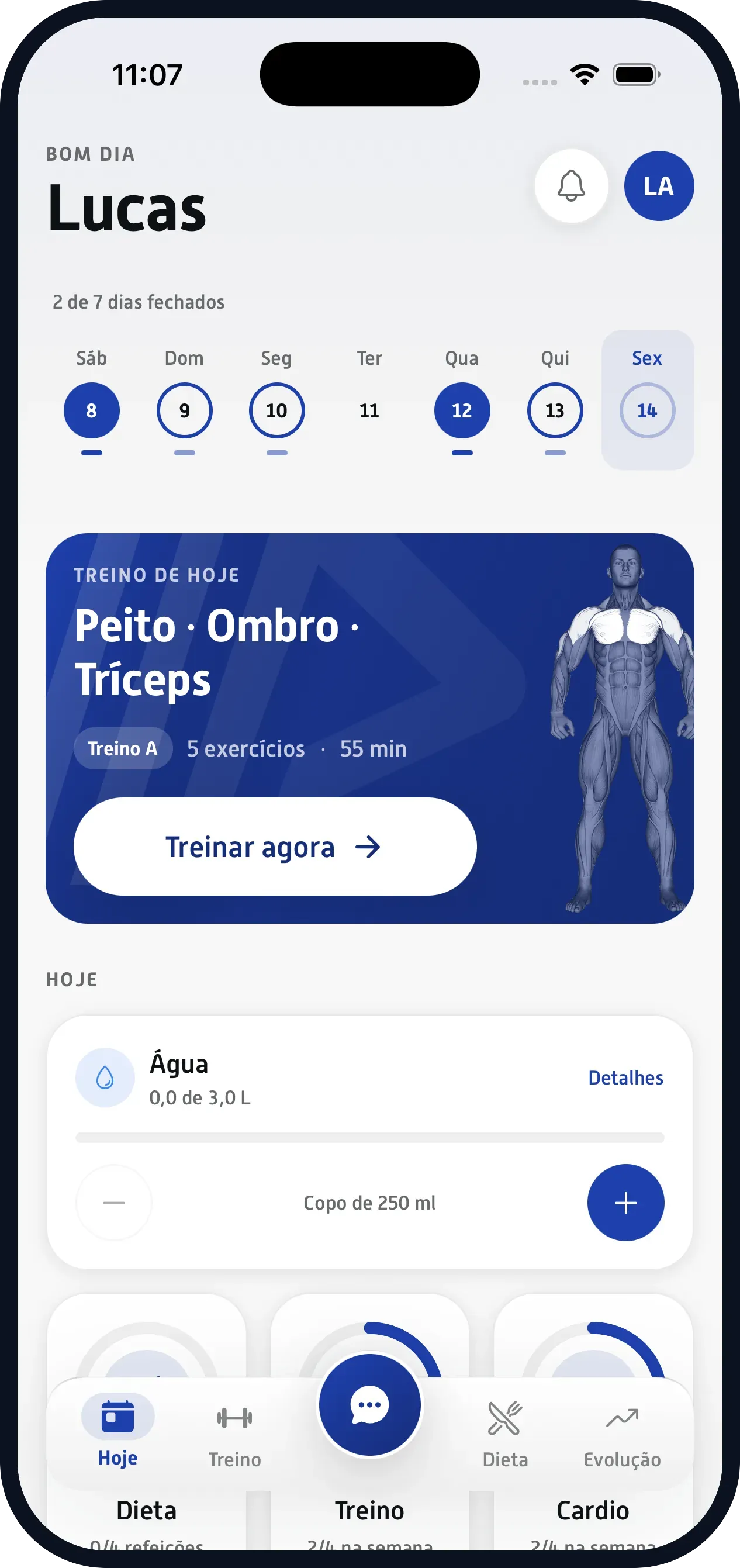 App do aluno: treino do dia com exercícios, séries, cargas e vídeo de execução