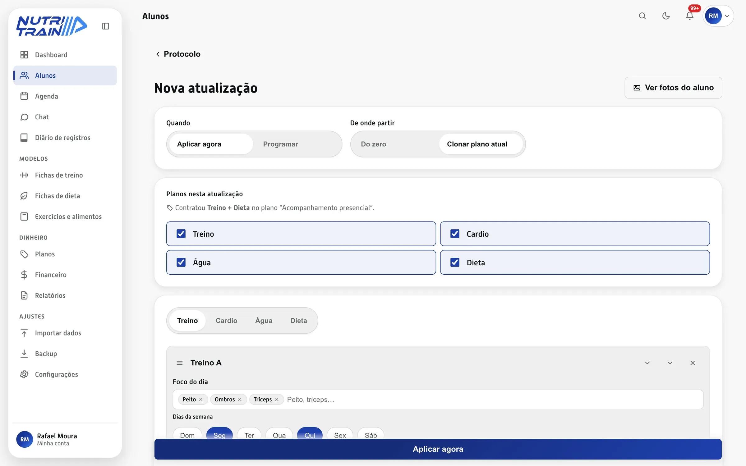 Um protocolo, os quatro pilares. Treino, cardio, água e dieta na mesma atualização. Aplica agora ou programa a data, do zero ou clonando o plano atual.