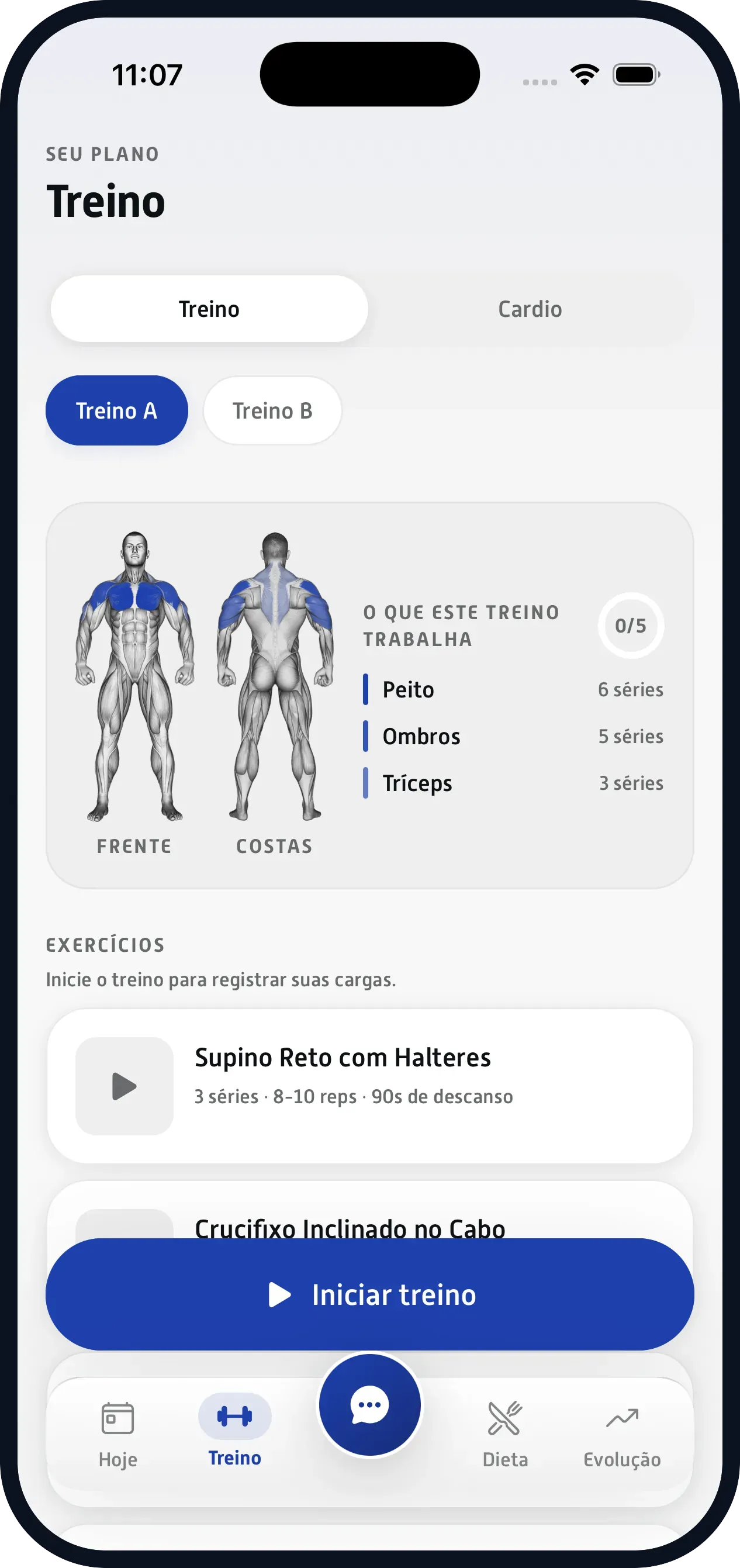 A ficha que você montou. Séries, repetições, técnica e descanso, sem PDF nenhum.
